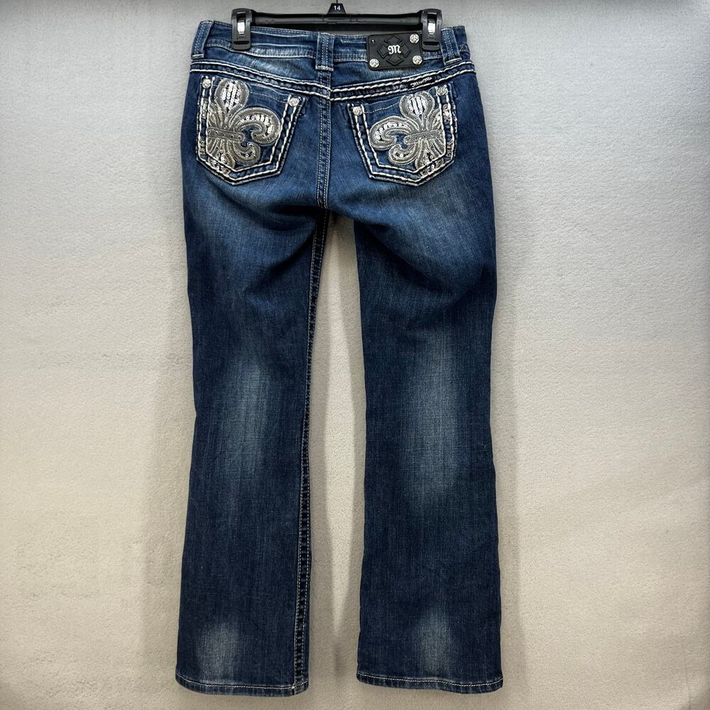 Miss Me Jeans Women's 27x31 (4) Blue Easy Boot Embellished Fleur de Lis Blingy - Picture 2 of 15